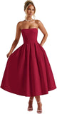 Strapless Satin Tea Length Prom Dresses for Women 2027 A-Line Corset Backless Cocktail Bridesmaid Dress with Pocket