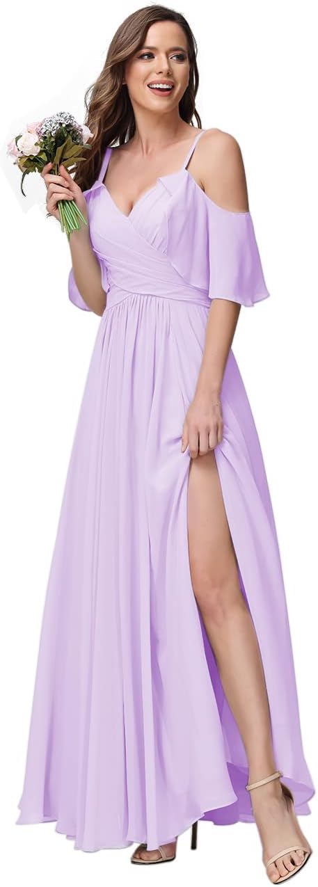 Women's Long Spaghetti Straps Bridesmaid Dress with Slit Off Shoulder Chiffon Formal Party Gowns