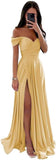 Women's Off Shoulder Satin Bridesmaid Dresses Long Ruched Mermaid Formal Dresses with Slit