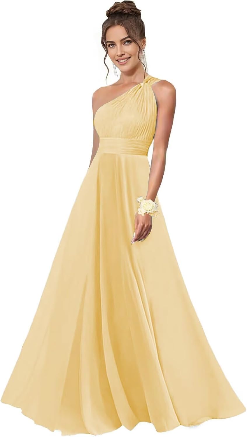 One Shoulder Bridesmaid Dresses for Women Chiffon A Line Pleated Long Formal Gowns with Pockets