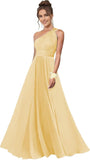 One Shoulder Bridesmaid Dresses for Women Chiffon A Line Pleated Long Formal Gowns with Pockets
