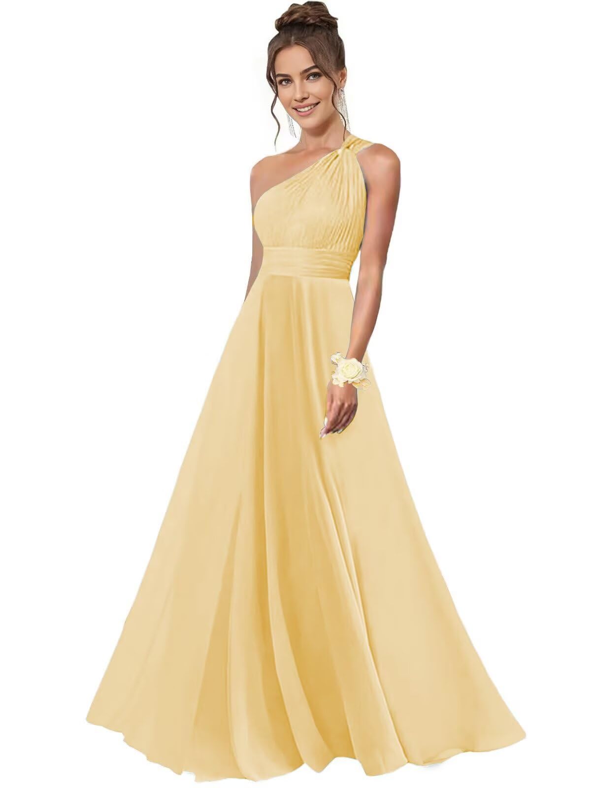 One Shoulder Bridesmaid Dresses for Women Chiffon A Line Pleated Long Formal Gowns with Pockets