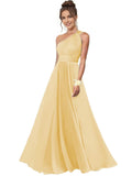 One Shoulder Bridesmaid Dresses for Women Chiffon A Line Pleated Long Formal Gowns with Pockets