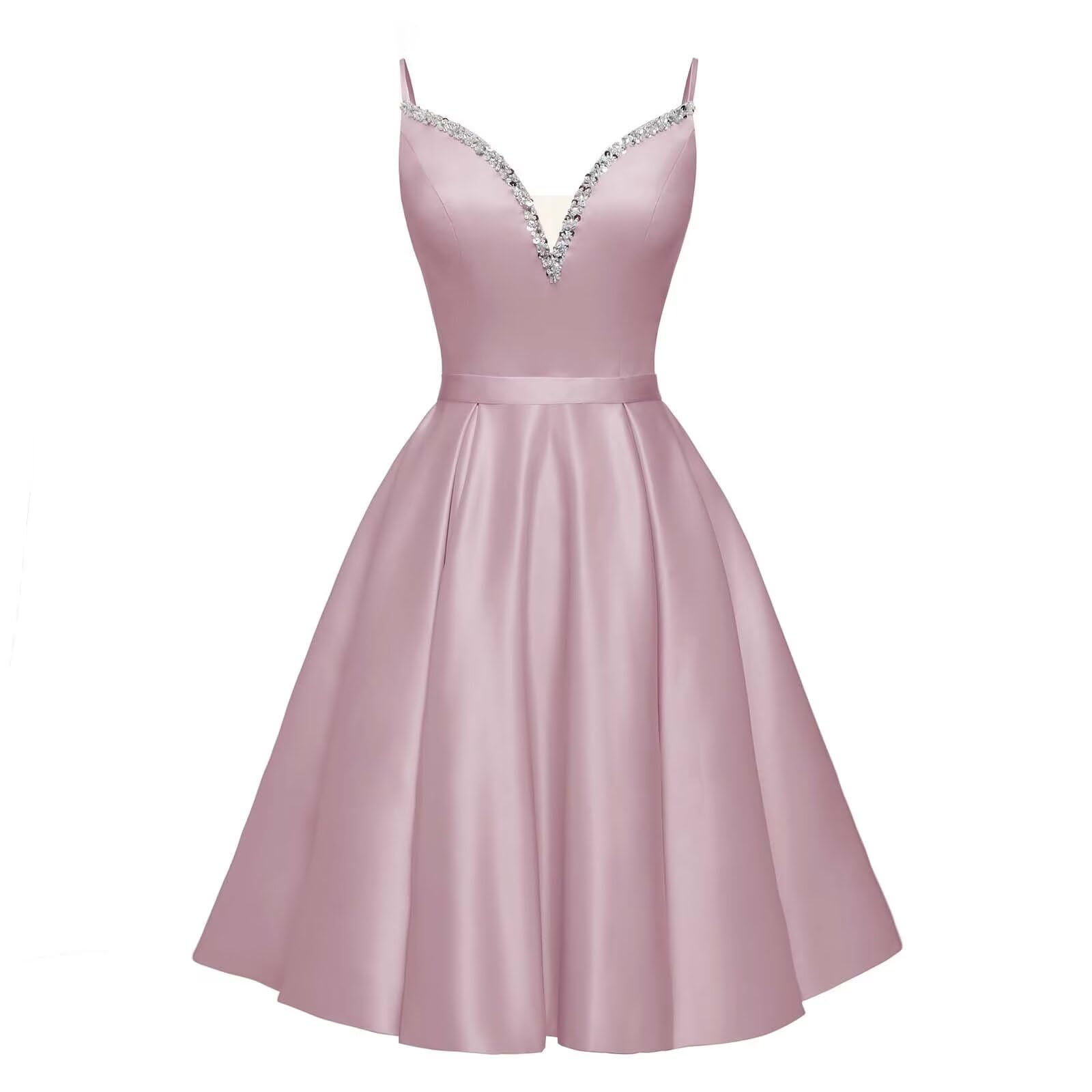 Spaghetti Straps Satin Homecoming Dresses for Teens V-Neck Short Prom Dress A-Line Beaded Cocktail Party Gowns