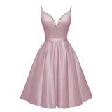 Spaghetti Straps Satin Homecoming Dresses for Teens V-Neck Short Prom Dress A-Line Beaded Cocktail Party Gowns
