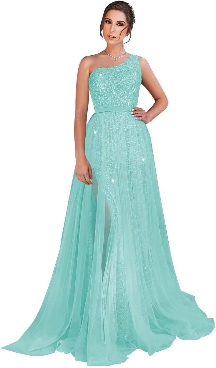 One-Shoulder-Ballkleid mit Pailletten, formelle Kleider für Damen, funkelnde Abendkleider, Tüll-Ballkleid 
