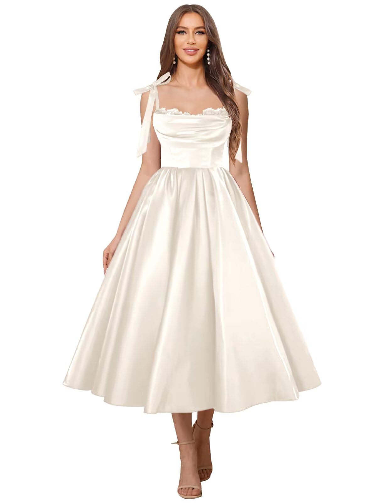 Satin Prom Dresses for Women Spaghetti Straps Corset A-Line Ball Formal Gowns Tea Length with Pockets