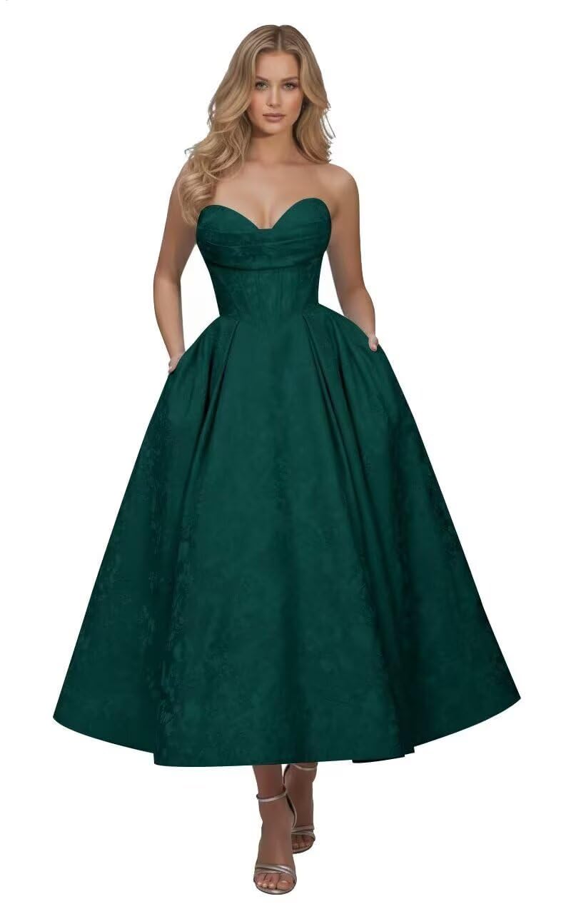 Strapless Floral Satin Prom Dresses for Women 2026 Jacquard Aline Formal Evening Party Dress with Pockets