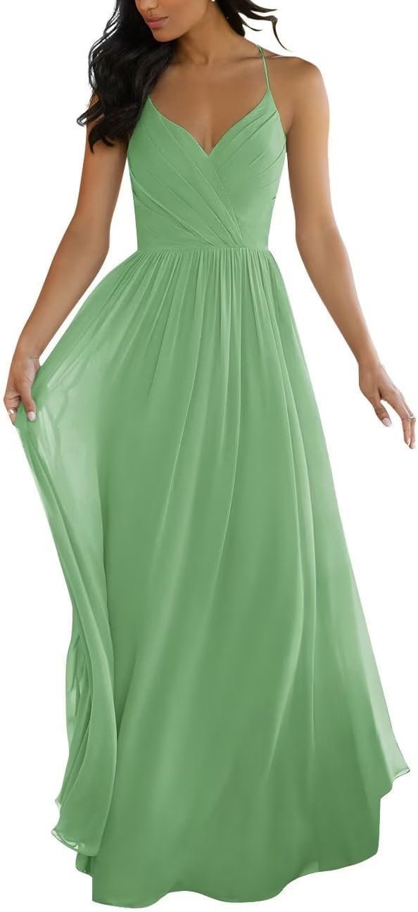V Neck Bridesmaid Dresses for Women 2025 Long Chiffon Pleated A-line Spaghetti Strap Wedding Evening Prom Gown