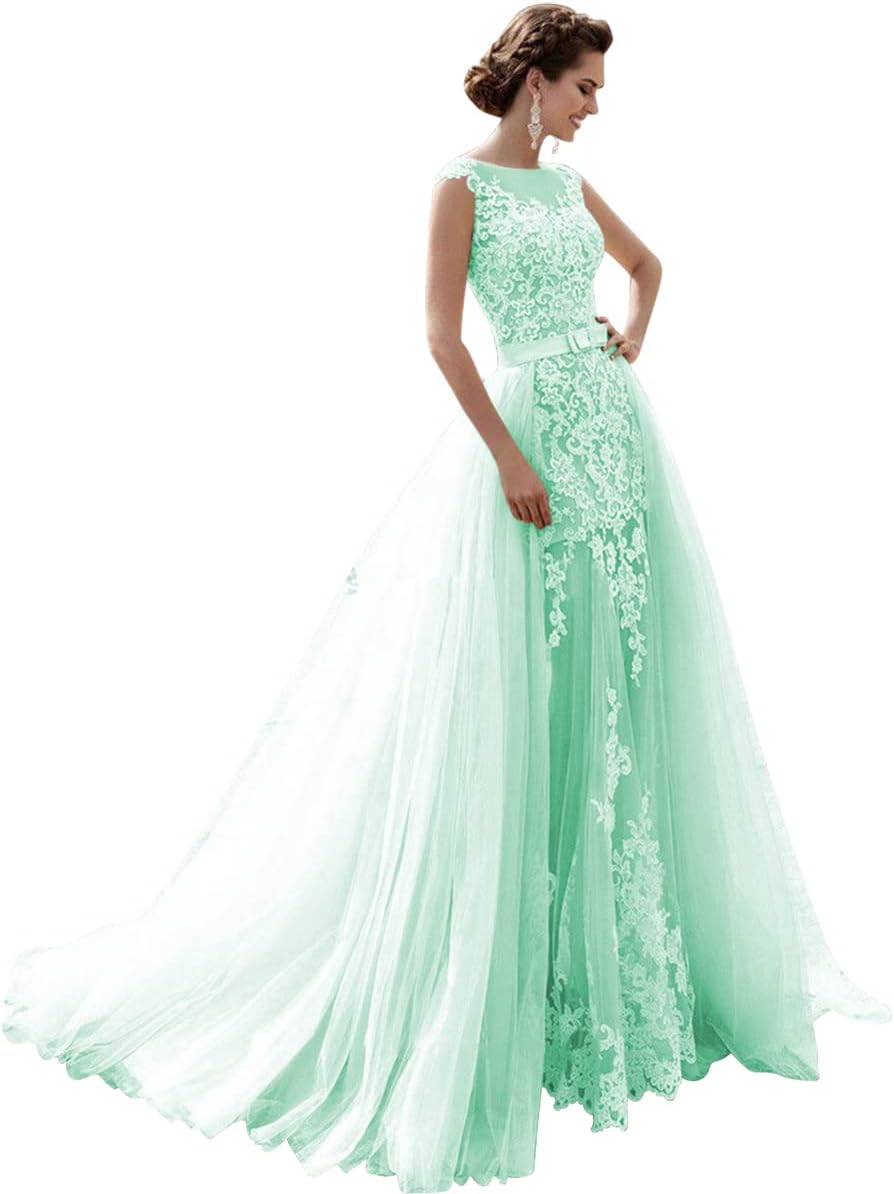 Mermaid Lace Cap Wedding Dress with Detachable Tulle Train for Bride Evening Prom Gown