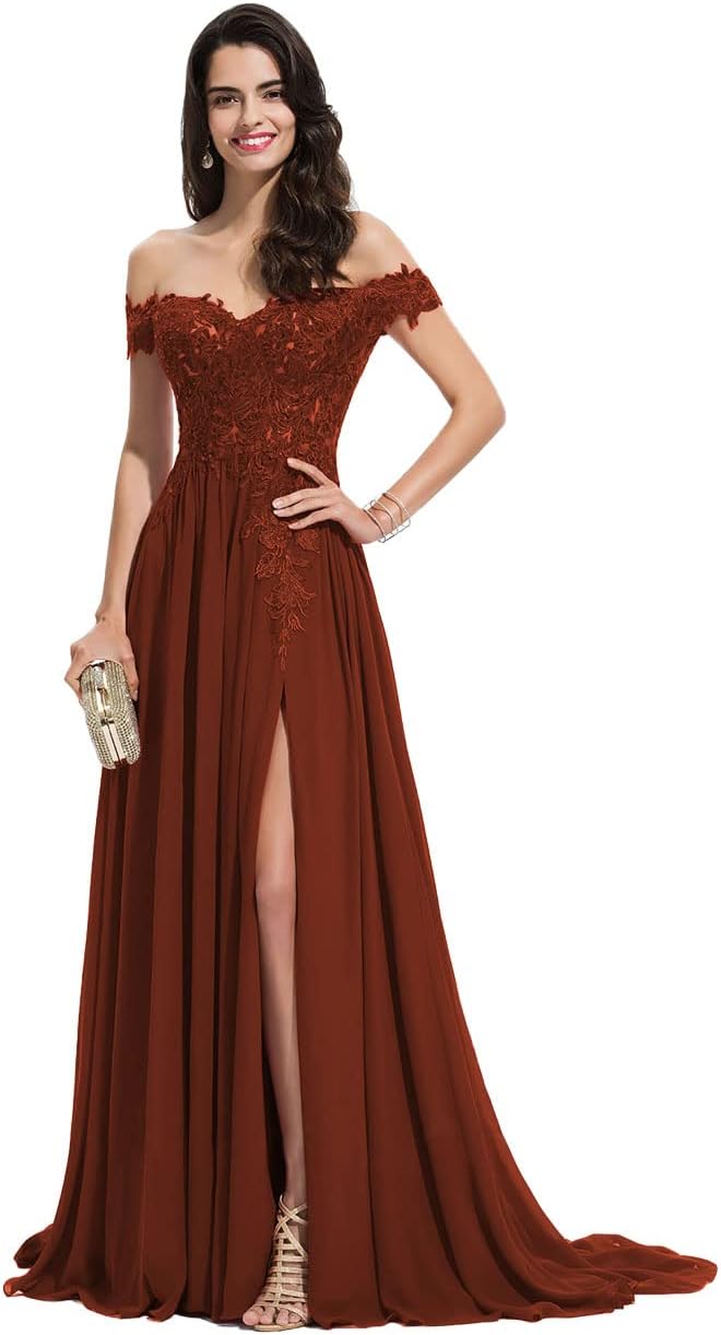 Women's Off The Shoulder Long Prom Dresses with Slit Lace Appliqued Chiffon Formal Party Gowns