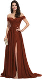 Women's Off The Shoulder Long Prom Dresses with Slit Lace Appliqued Chiffon Formal Party Gowns