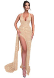 Sparkly Sequin Halter Prom Dresses for Women Mermaid Formal Dress with Slit Backless Ruched Evening Party Gowns