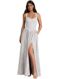 Jacquard Floral Lace Wedding Guest Dress Long Slit A Line Bridesmaid Dresses with Pockets Formal Gown