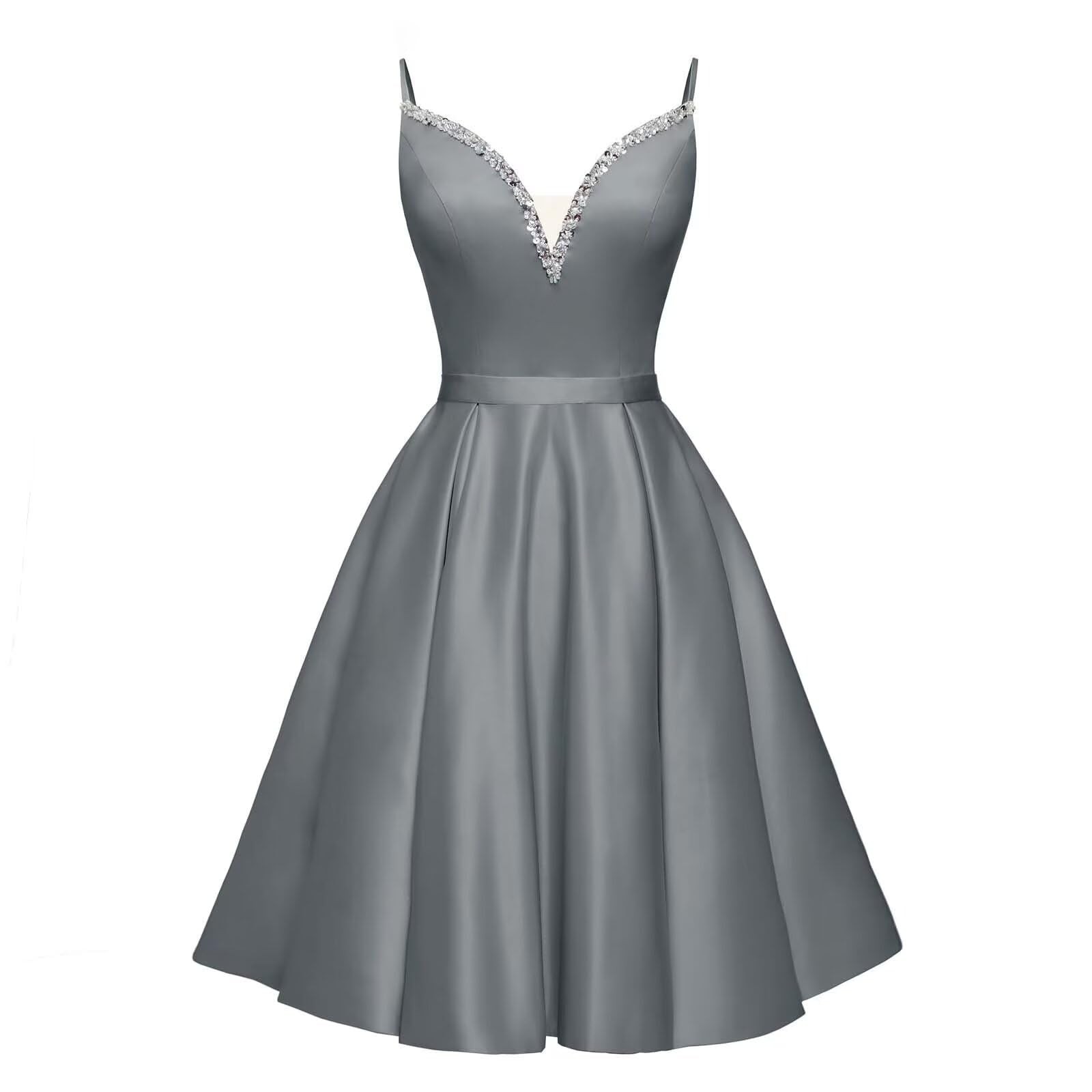 Spaghetti Straps Satin Homecoming Dresses for Teens V-Neck Short Prom Dress A-Line Beaded Cocktail Party Gowns