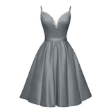 Spaghetti Straps Satin Homecoming Dresses for Teens V-Neck Short Prom Dress A-Line Beaded Cocktail Party Gowns