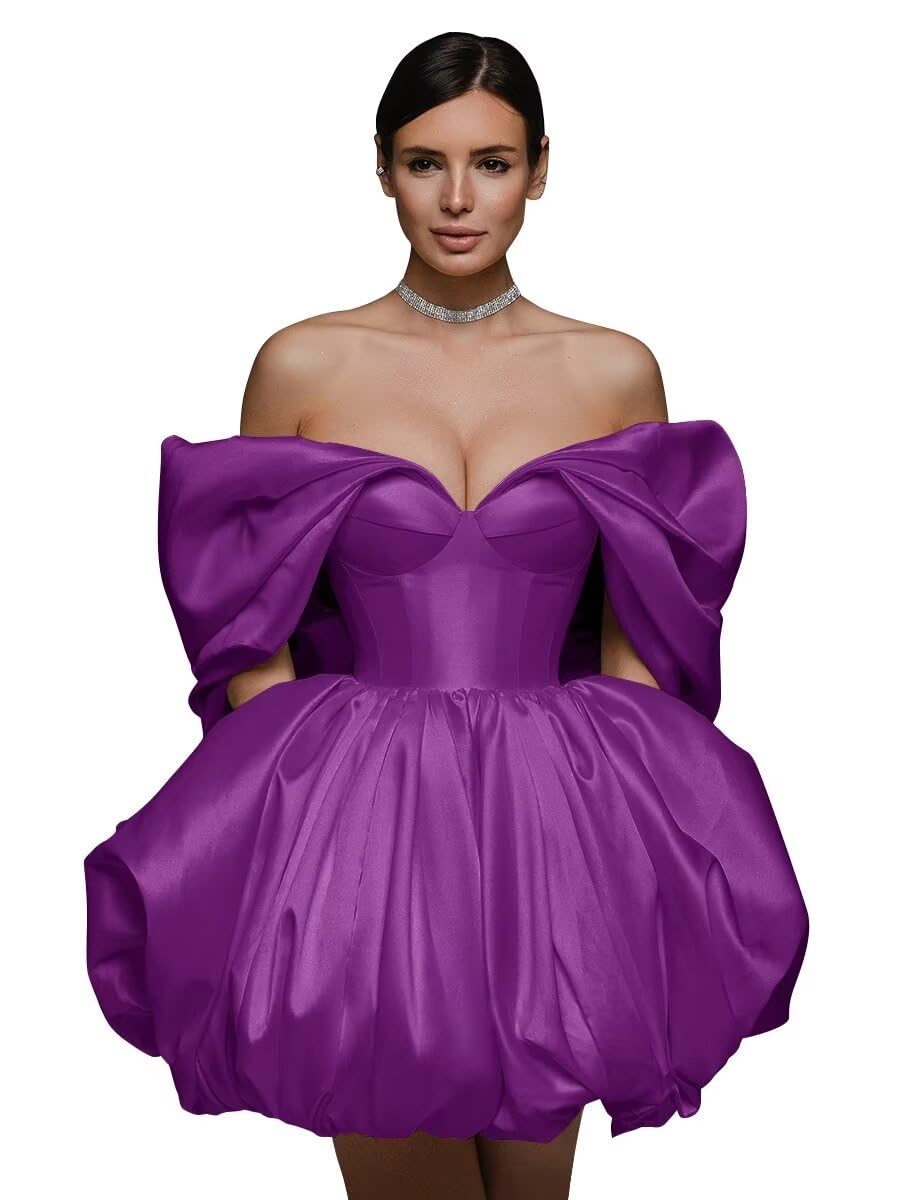 Off The Shoulder Short Wedding Dresses for Bride Puffy Satin Bridal Dresses w/Pockets Strapless Formal Ball Gowns