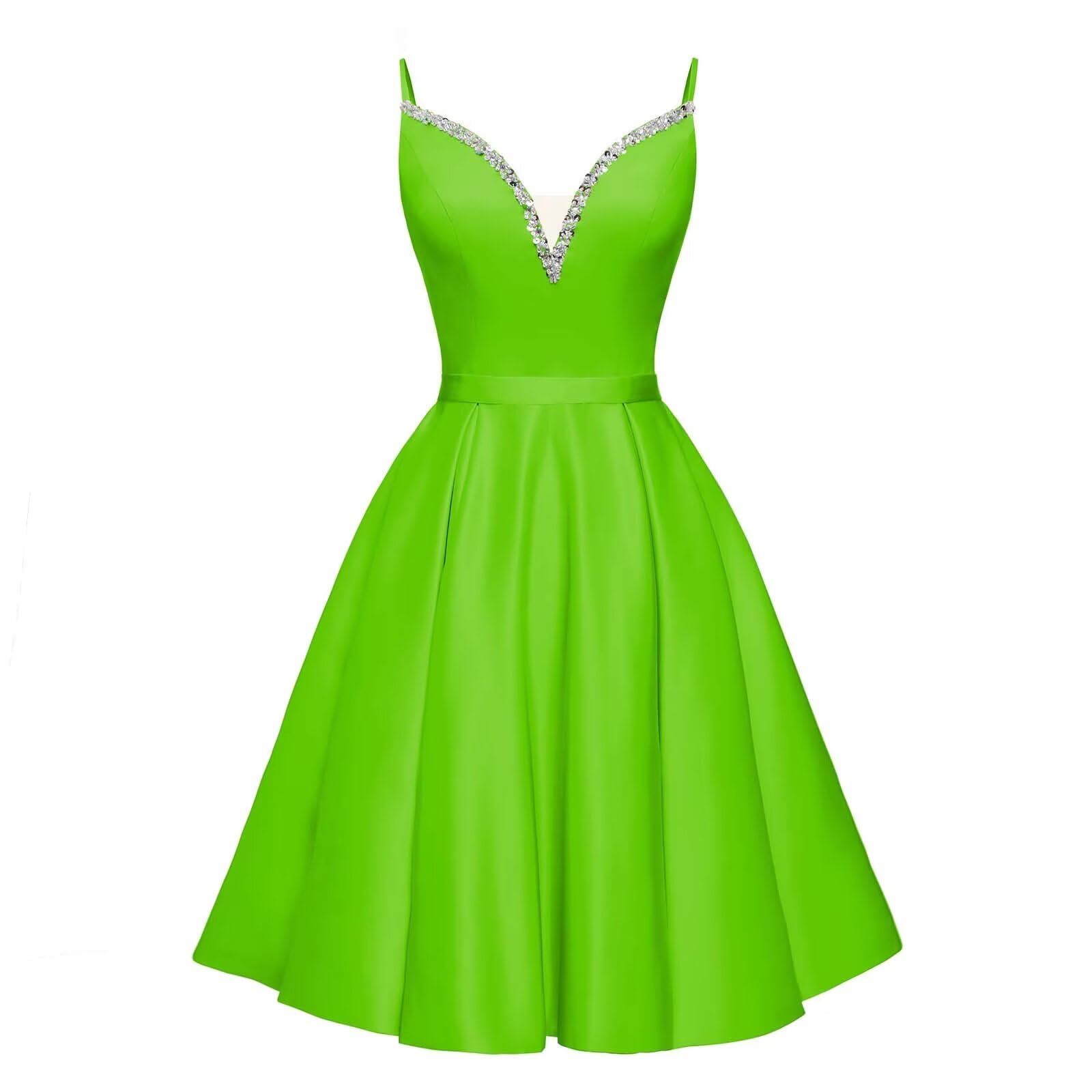 Spaghetti Straps Satin Homecoming Dresses for Teens V-Neck Short Prom Dress A-Line Beaded Cocktail Party Gowns