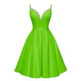Spaghetti Straps Satin Homecoming Dresses for Teens V-Neck Short Prom Dress A-Line Beaded Cocktail Party Gowns