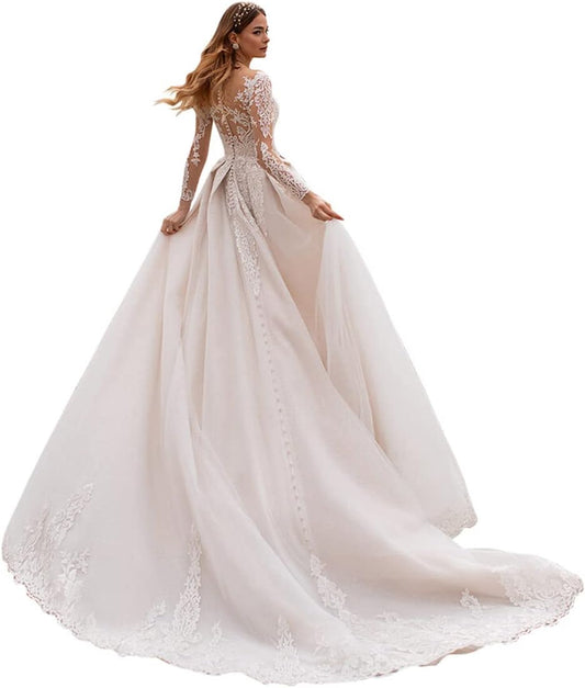Women's Elegant Lace Beach Wedding Dresses for Bride 2025 with Sleeves Wedding Bridal Gowns