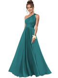 One Shoulder Bridesmaid Dresses for Women Chiffon A Line Pleated Long Formal Gowns with Pockets