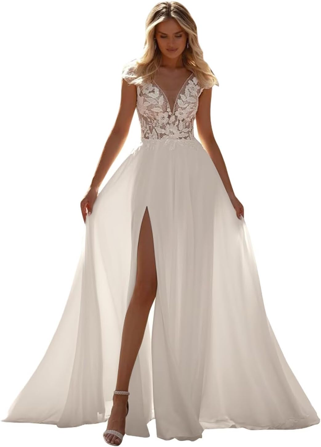 Kingbridal Gowns Lace Appliques Wedding Dresses for Bride Long V Neck Tulle Chiffon A-line Sleeveless Bridal Ball Gown for Women
