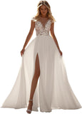 Kingbridal Gowns Lace Appliques Wedding Dresses for Bride Long V Neck Tulle Chiffon A-line Sleeveless Bridal Ball Gown for Women