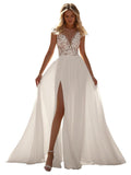 Kingbridal Gowns Lace Appliques Wedding Dresses for Bride Long V Neck Tulle Chiffon A-line Sleeveless Bridal Ball Gown for Women