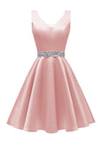 Satin Glitter Homecoming Dresses for Teens Short Prom Dress V-Neck Beaded Evening Formal Cocktail Party Gowns