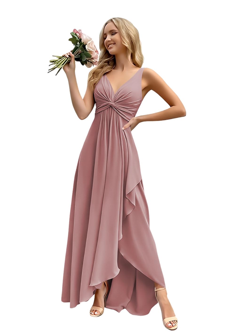 Women’s Long Bridesmaid Dresses Sleeveless V-Neck Formal Wedding Guest Chiffon Prom Gowns for Teens