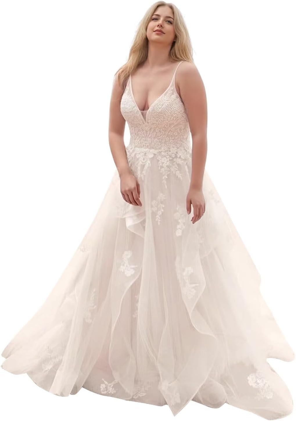 Kingbridal Gowns Lace Appliques Wedding Dresses for Bride Long V Neck Tulle Chiffon A-line Sleeveless Bridal Ball Gown for Women