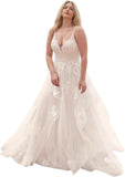 Kingbridal Gowns Lace Appliques Wedding Dresses for Bride Long V Neck Tulle Chiffon A-line Sleeveless Bridal Ball Gown for Women
