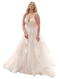 Kingbridal Gowns Lace Appliques Wedding Dresses for Bride Long V Neck Tulle Chiffon A-line Sleeveless Bridal Ball Gown for Women