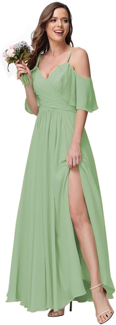 Women's Long Spaghetti Straps Bridesmaid Dress with Slit Off Shoulder Chiffon Formal Party Gowns