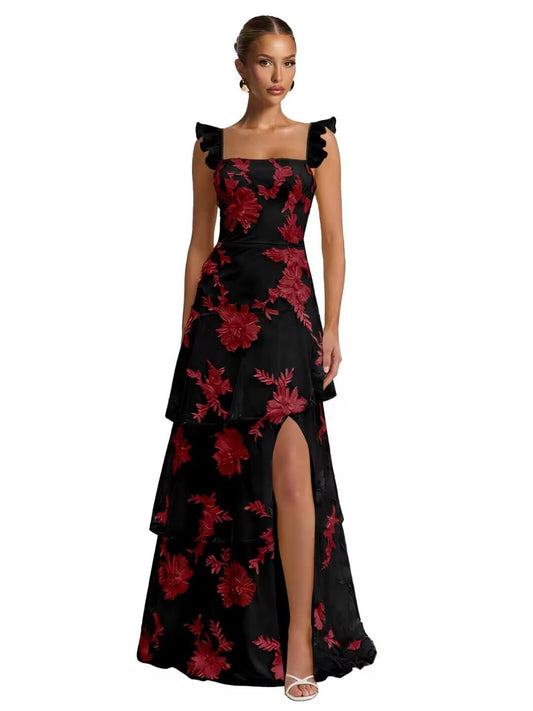 Tiered Tulle Prom Dresses for Women Long Spaghetti Straps Floral Formal Dress with Slit