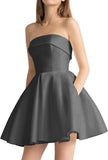Women's Strapless Satin Short Prom Dresses with Pocket A Line Glitter Homecoming Dress Short Evening Party Ball Gown
