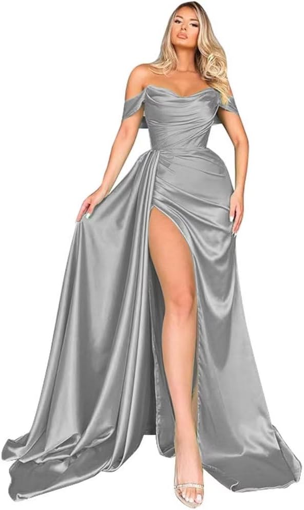 Off Shoulder Satin Bridesmaid Dresses Long Formal Gown for Wedding Ruched Prom Dress with Slit