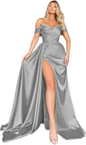 Off Shoulder Satin Bridesmaid Dresses Long Formal Gown for Wedding Ruched Prom Dress with Slit