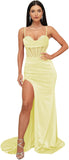 Ballkleider mit Wasserfallausschnitt, langen Spaghettiträgern, Illusion-Meerjungfrauen-Korsett, formelles Abendkleid mit Schlitz 