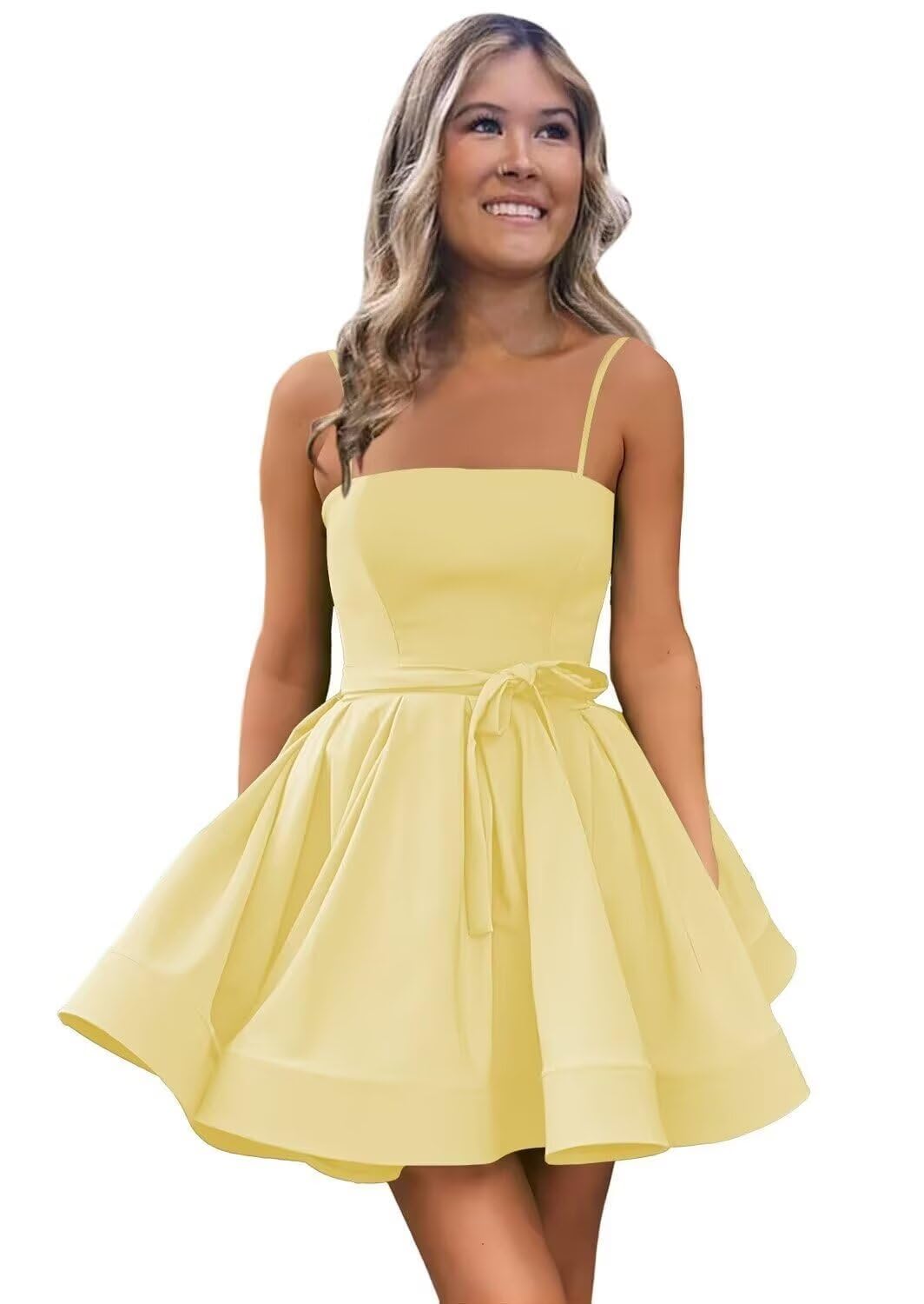 Women’s Short Satin Spaghetti Straps Formal Homecoming Dresses A Line Corset Puffy Prom Gown with Pockets for Teens