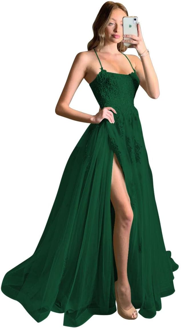 Women's Lace Criss-Cross Prom Dresses with Slit Spaghetti Straps Long Formal Evening Gowns