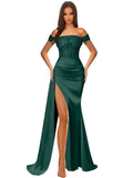 Off Shoulder Sequin Prom Dresses for Women 2027 Long Mermaid Tight Satin Formal Evening Party Dress with Slit