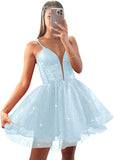 Glitter Tulle Homecoming Dresses for Teens Spaghetti V Neck Short Prom Dresses A Line Mini Cocktail Party Gowns