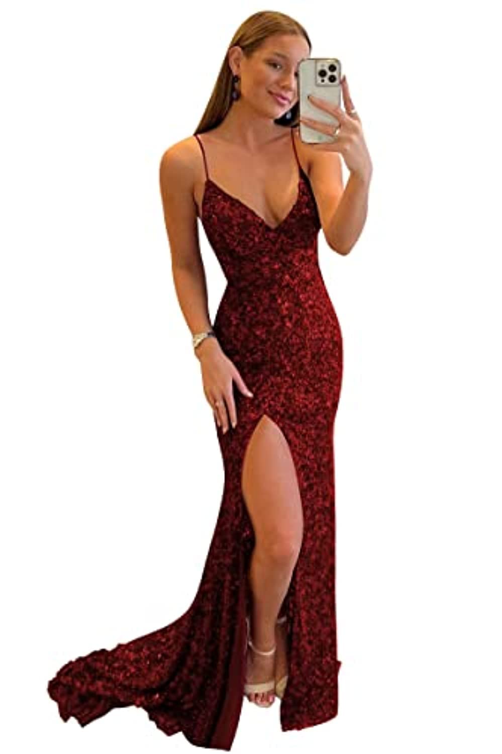 Women's Spaghetti Straps Sequin Prom Dresses Mermaid Sleeveless Double V-Neck Sparkle Evening Dress with Slit