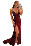 Women's Spaghetti Straps Sequin Prom Dresses Mermaid Sleeveless Double V-Neck Sparkle Evening Dress with Slit