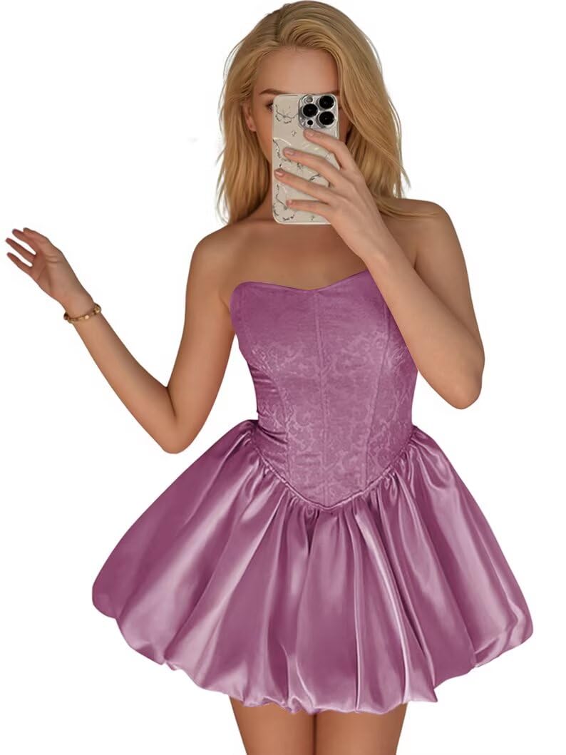 Strapless Satin Homecoming Dresses for Teens Jacquard Short Prom Dress A-line Cocktail Party Gowns with Pockets