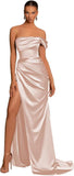 One Shoulder Mermaid Bridesmaid Dresses with Slit 2025 Pleats Satin Formal Evening Gowns for Women