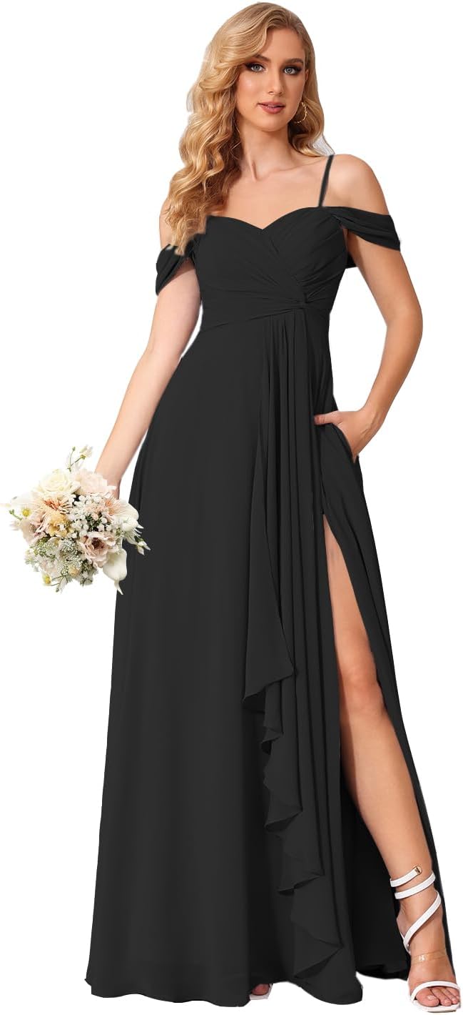 Damen Schulterfreies Brautjungfernkleid Lang mit Schlitz Chiffon Rüschen Falten Formales Partykleid 