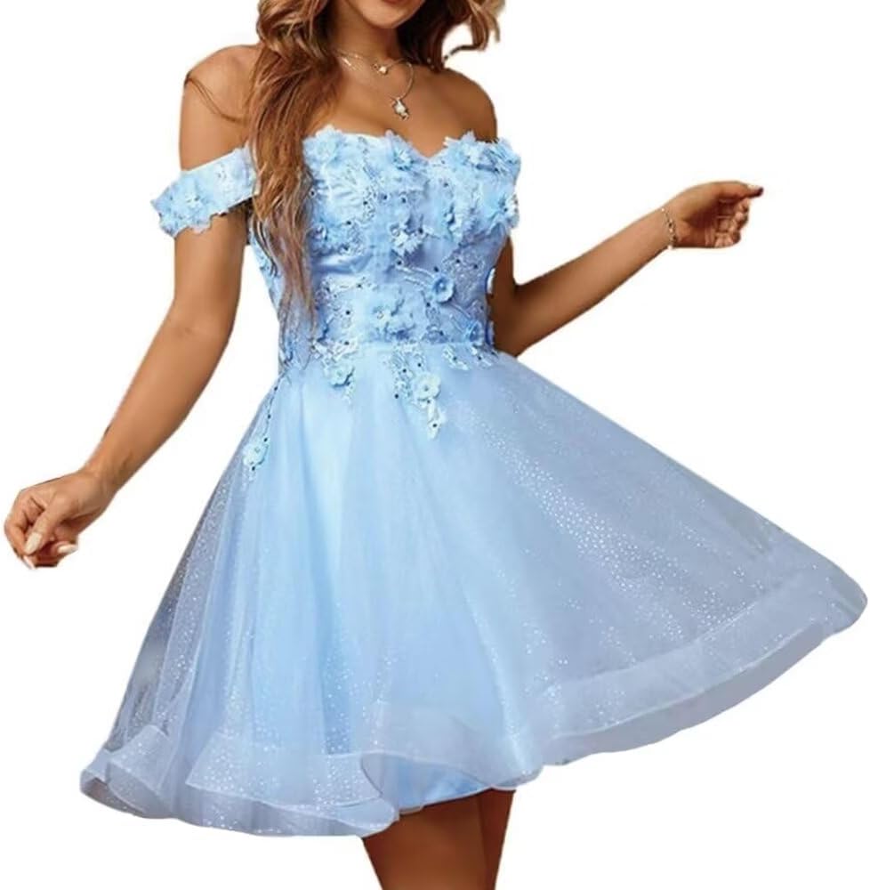 Sparkly Tulle Homecoming Dresses for Teens 2027 3D Flowers Cocktail Gowns Off Shoulder Short Prom Dresses