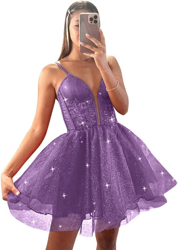 Glitter Tulle Homecoming Dresses for Teens Spaghetti V Neck Short Prom Dresses A Line Mini Cocktail Party Gowns